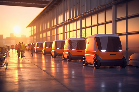 在橙色阳光照在机器人车队背景