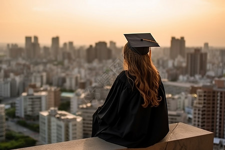 学士帽背影毕业生在楼顶放松背景