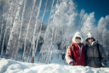 夫妇在雪松中行走背景图片