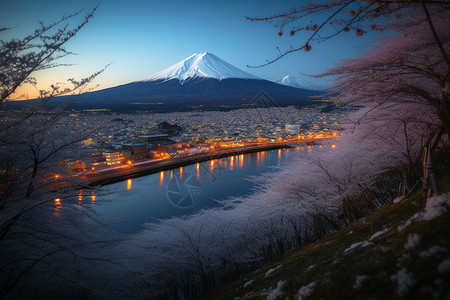 日暮低垂下的富士山背景图片