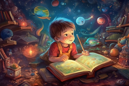 科幻书看书的孩子插画