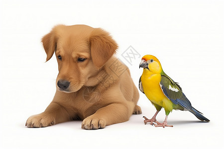 狗头上的小鸟鹦鹉和狗背景