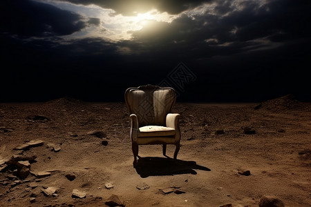 沙漠废墟废墟上的一把椅子设计图片