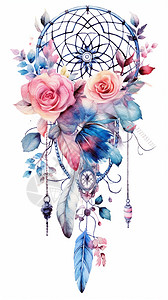 鸟笼玫瑰装饰美丽的捕梦网插画