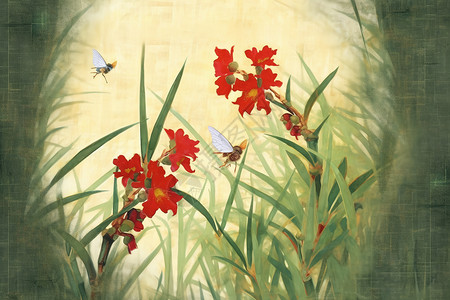 红花绿草春天的花朵插画