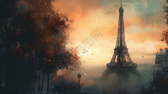 手绘巴黎风景图片
