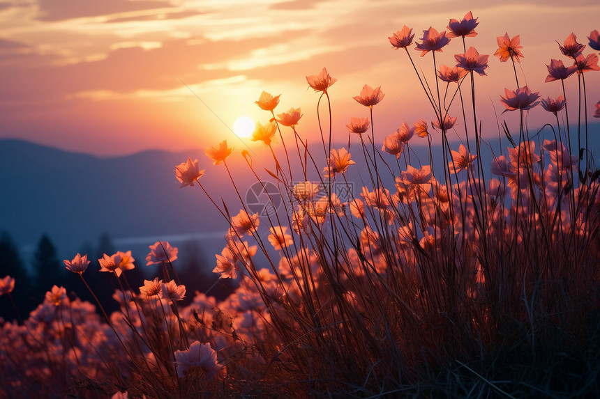 日出天空下的野花图片