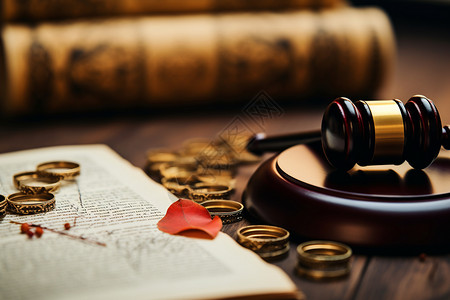 离婚法律法槌和戒指背景