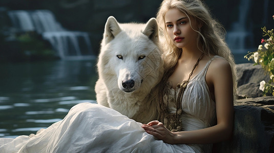 头发白美丽的女孩与狼设计图片