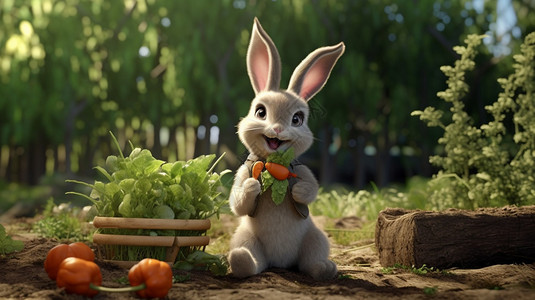 吃胡萝卜兔子在花园里吃胡萝卜的兔子插画