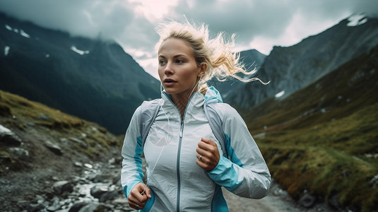 一条耳机素材户外山上跑步的女人背景