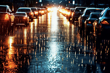 汽车拥堵雨天交通拥堵的街道背景
