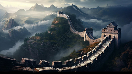 延绵山脉中的城墙景观背景图片