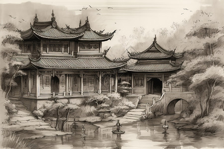 石鼓书院中国古代建筑的水墨画插画