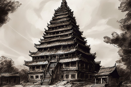 高耸的古代历史建筑插画图片