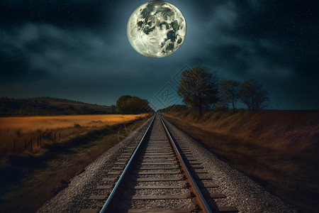 晚上乡村铁路上的满月设计图片