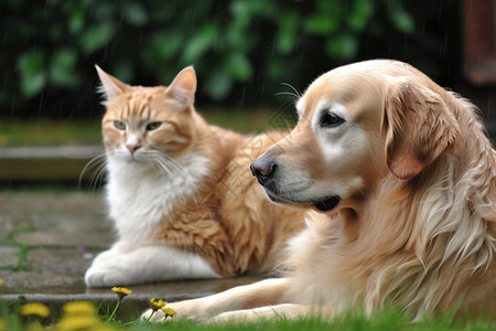 草坪上的小猫和小狗图片