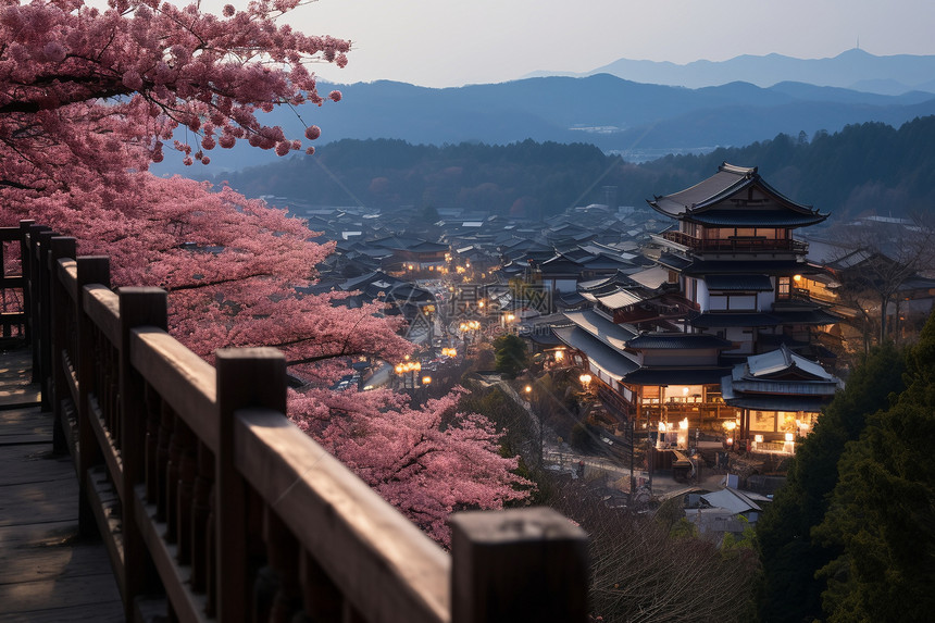 春天城市中的古代建筑景观图片