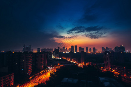 黄昏时分的城市景观背景图片