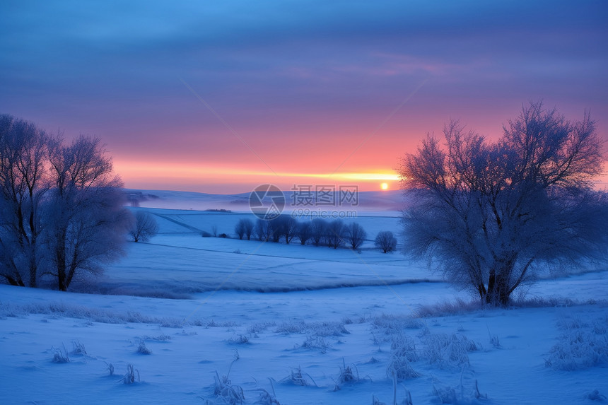 冬季日出时分的草原景观图片