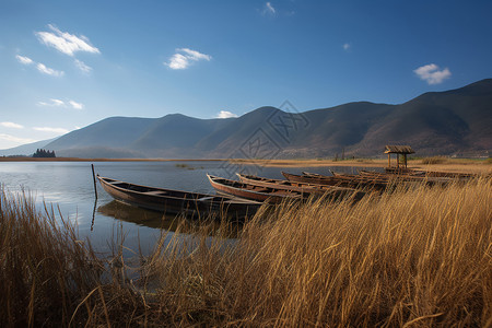 秋季泸沽湖的美丽景观背景图片