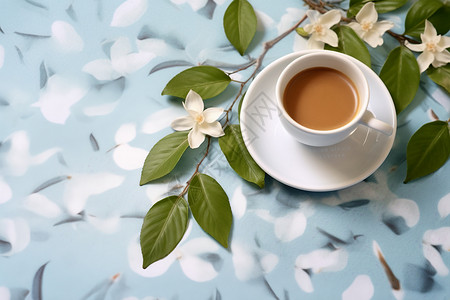 清香的咖啡和美丽的花朵图片