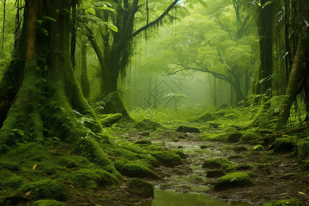 潮湿的森林和树木图片