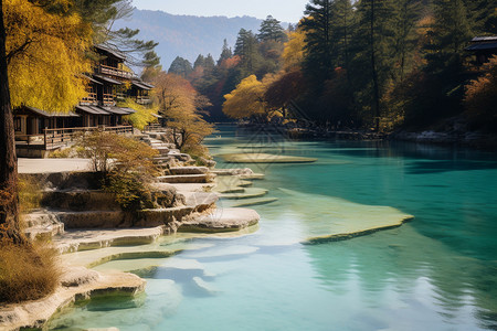 清澈的湖泊和建筑图片