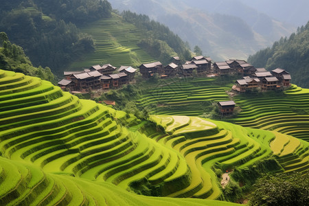 农村的稻田和建筑物背景图片