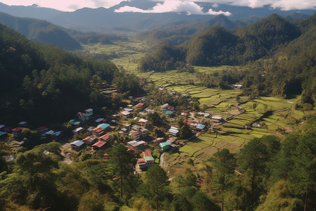 被山包围着的村落图片