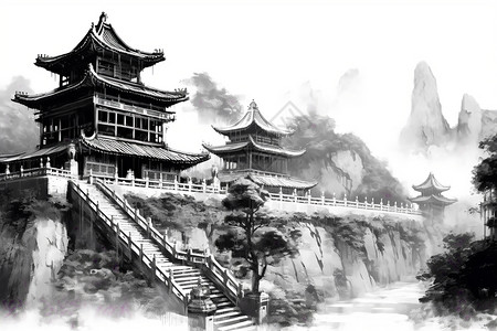 中国寺庙的水墨画图片