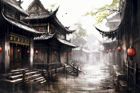 房檐灯笼中国传统庭院插画