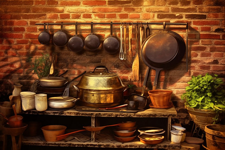 厨具挂墙古代的厨房插画