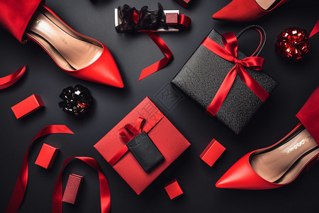 红色高跟鞋和礼品盒背景图片