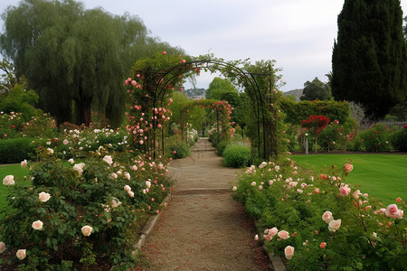 美丽粉色月季花道路两旁的月季花背景