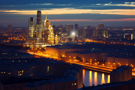 夜晚中城市地标建筑景观背景图片