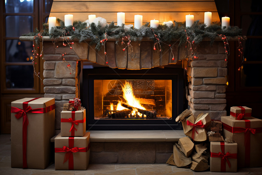 壁炉旁的圣诞节礼物图片