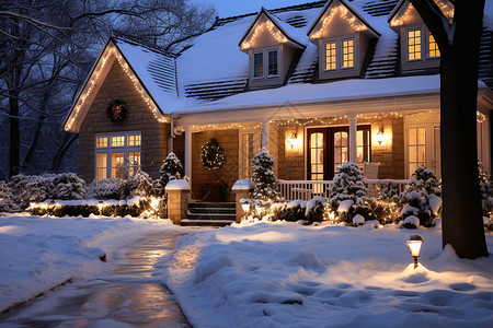 户外雪景中的房屋建筑背景图片