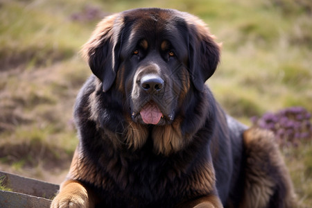 西班牙猎犬趴在草地上的黑黄大狗背景