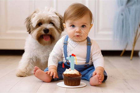 兔年宝宝生日蛋糕白人宝宝和可爱的小狗狗背景