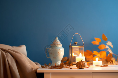 油灯白色南瓜秋天浪漫的室内装饰背景