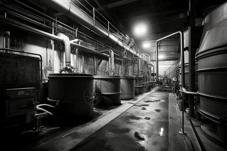 黑白滤镜下的工厂车间内部背景图片