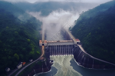 水能发电在暴风雨期间的大坝景色背景