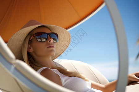 坐在沙滩椅上的女孩沙滩椅上的度假者背景