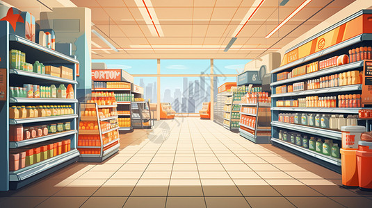 超市过道商品整齐地排列在货架上插画