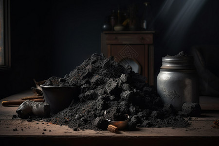 桌子上黑色的煤炭图片