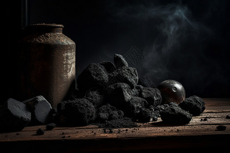 桌子上堆放的煤炭背景图片