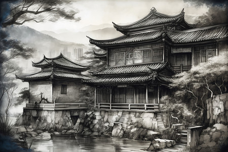 中式水墨画风景背景图片