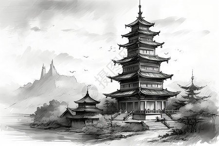 一幅中国钟楼的水墨画背景图片
