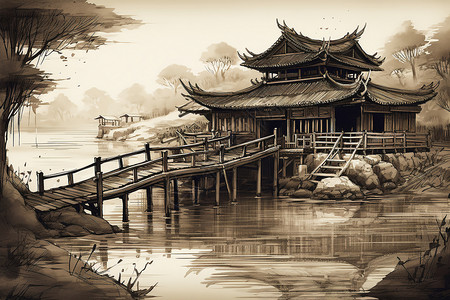 中式建筑风景背景图片